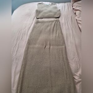 Source Unknown Ribbed Maxi Skirt Two-Piece Set in Taupe